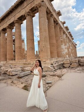 White Empire-Waist Greek princess Homecoming Dress with Gold Beaded Waistband